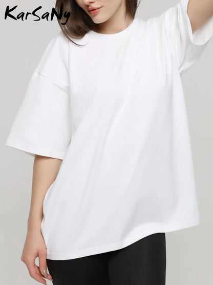 KarSaNy Oversize T Shirt Women 100% Cotton Solid Short Sleeve Top And Tees Summer Loose Gray White Women's T-shirt Oversize 2024