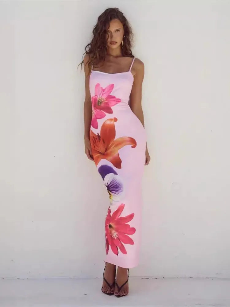 Flower Print Slim Spaghetti Strap Dresses Women Sexy Package Hip Bodycon Trendy Ladies Party Club Long Dress Fashion Streetwear