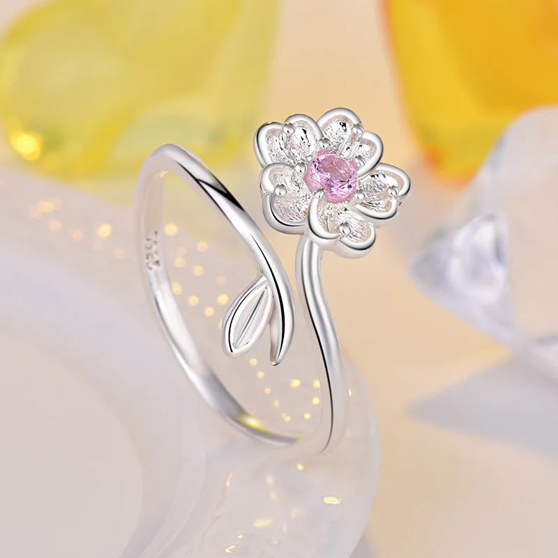 925 Sterling Silver Ring Adjustable Open Flowers Couple Engagement Rings For Women Wedding Ring Party Fashion Jewelry Gift