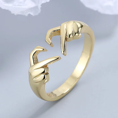 Romantic Heart Hand Hug Fashion Ring for Women Couple Jewelry Silver Color Punk Gesture Wedding Men Finger Accessories Gifts