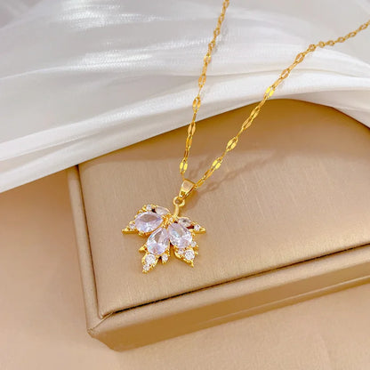 Fashionable Delicate Micro-inlaid Romantic White Maple Leaf Necklace Earrings Set Classic Personality Party Temperament Jewelry