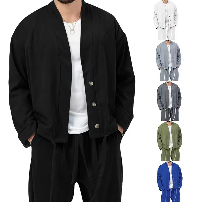 2023 Spring and Autumn  Casual Coat Long Sleeve Men's Fashion Retro Two Piece Set Loose Breathable Pants Fitness Sports menswear