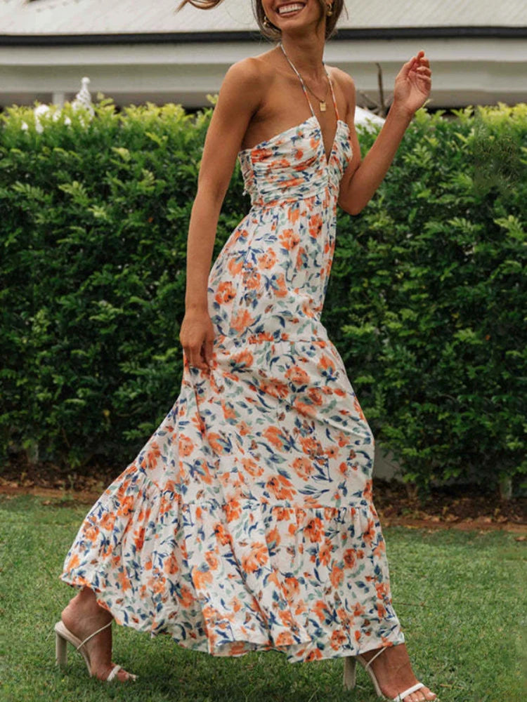 Women's Summer Chiffon Halter V Neck Sleeveless Floral Flowy A Line Maxi Dress Boho Backless Tiered Swing Long Beach Dresses