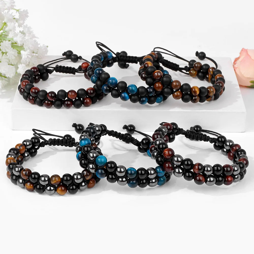 Natrual Stone Wrap Bracelets For Women Men Tiger Eye Stone Moonstone Austria Crystal Hematite Triple Protection Bracelet Jewelry