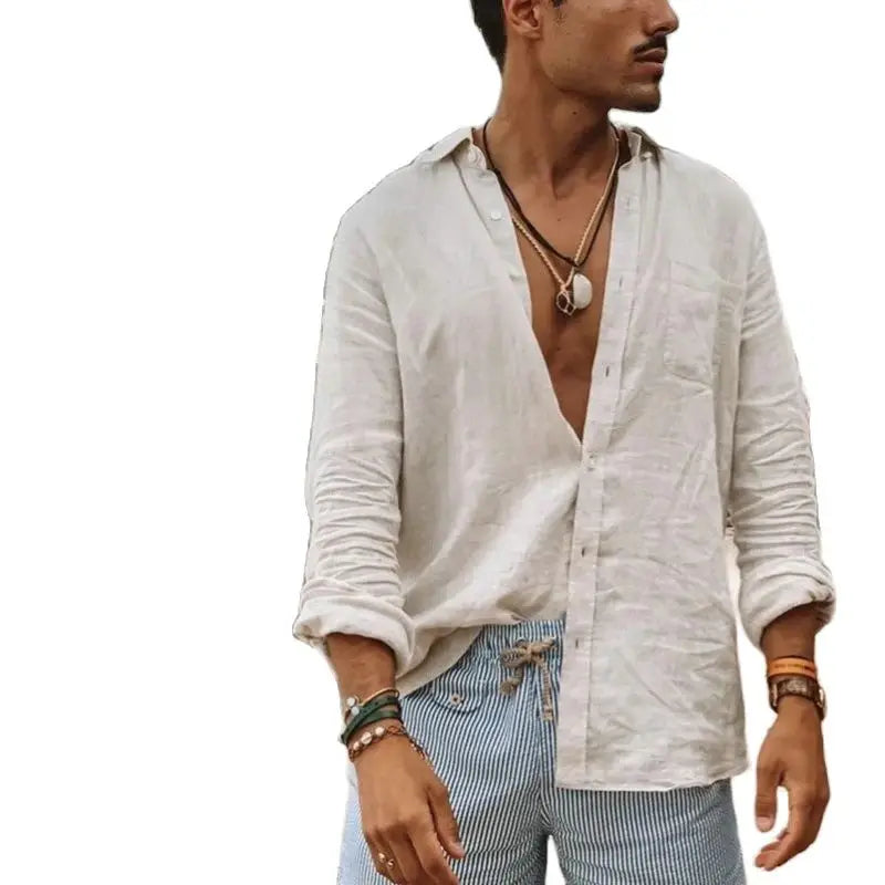 Camicia a maniche lunghe in lino da uomo estivo, vestiti sottili e freschi, abito da strada coreano hawaiano allentato, nuova maglietta 