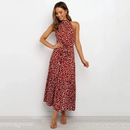 Long Polka Dot Dress for Ladies, Halter Strap, Backless, Off-the-Shoulder, Simple and Elegant, Casual Fashion, Summer, 2023