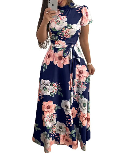 Women's Summer Long Super Long Dress 2023 Casual Short Sleeve Flower Print Dresses Casual High Collar Bandage Vestidos S-5XL