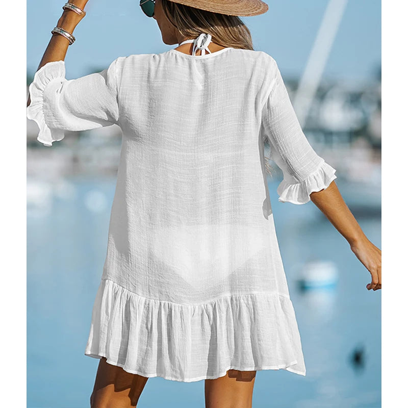 Ruffled Solid Cover Up Women Dress Solid Color Lightweight Long Sleeve Bikini Shirt Dress Summer Breathable Mini Dress Beachwear