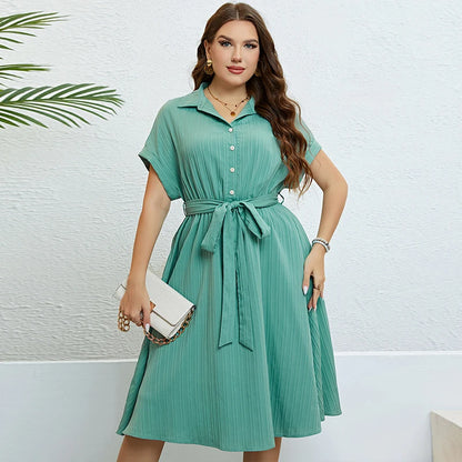 Plus Size Turn Down Collar Summer Dresses Women's Clothes Solid Elegant Casual Cute Ball Gown Midi Dress Wholesale Dropshipping