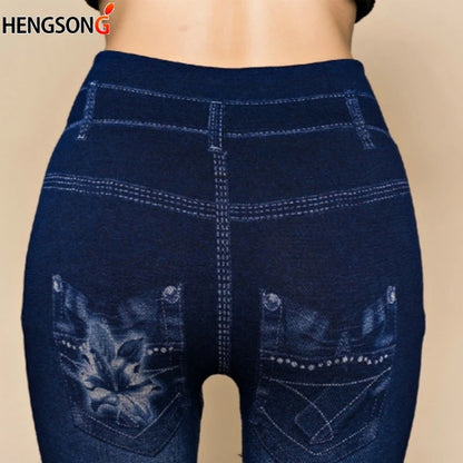 Women Jeans Leggings Fashion High Waist Leggings Female Flowers Print Ankle-Length Leggings Pants Hollow Denim Leggins