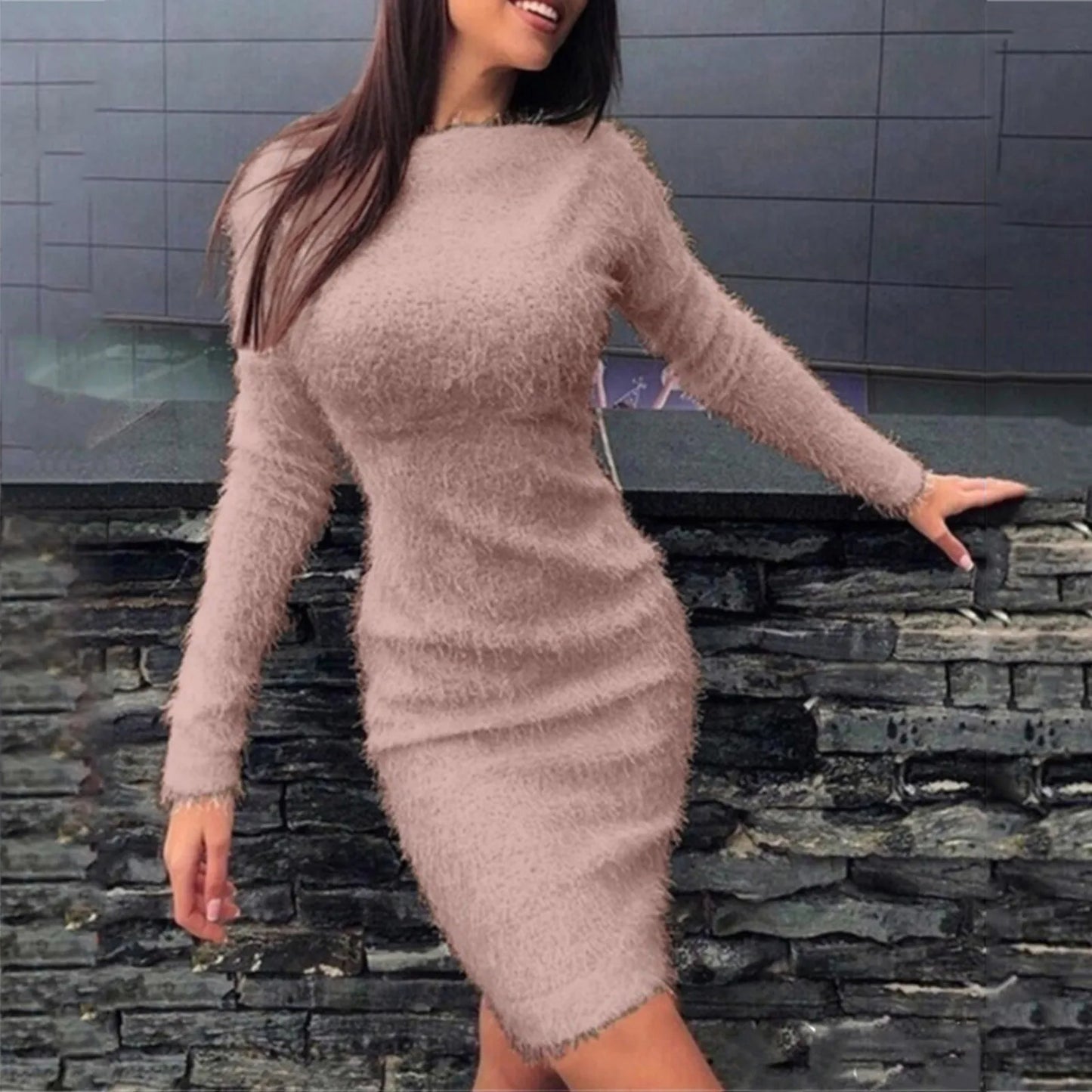 Women Slim Plush Dress Long Sleeve Wrap Pullovers Sweater Mini Dresses Female 2024 Autumn Winter Warm Vestidos Streetwear New