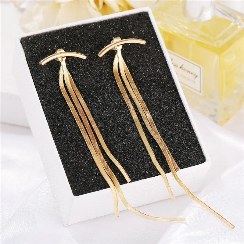 LATS 2022 Korean Vintage Glossy Arc Bar Long Thread Tassel Drop Earrings for Women Geometric Fashion Jewelry Hanging Pendientes