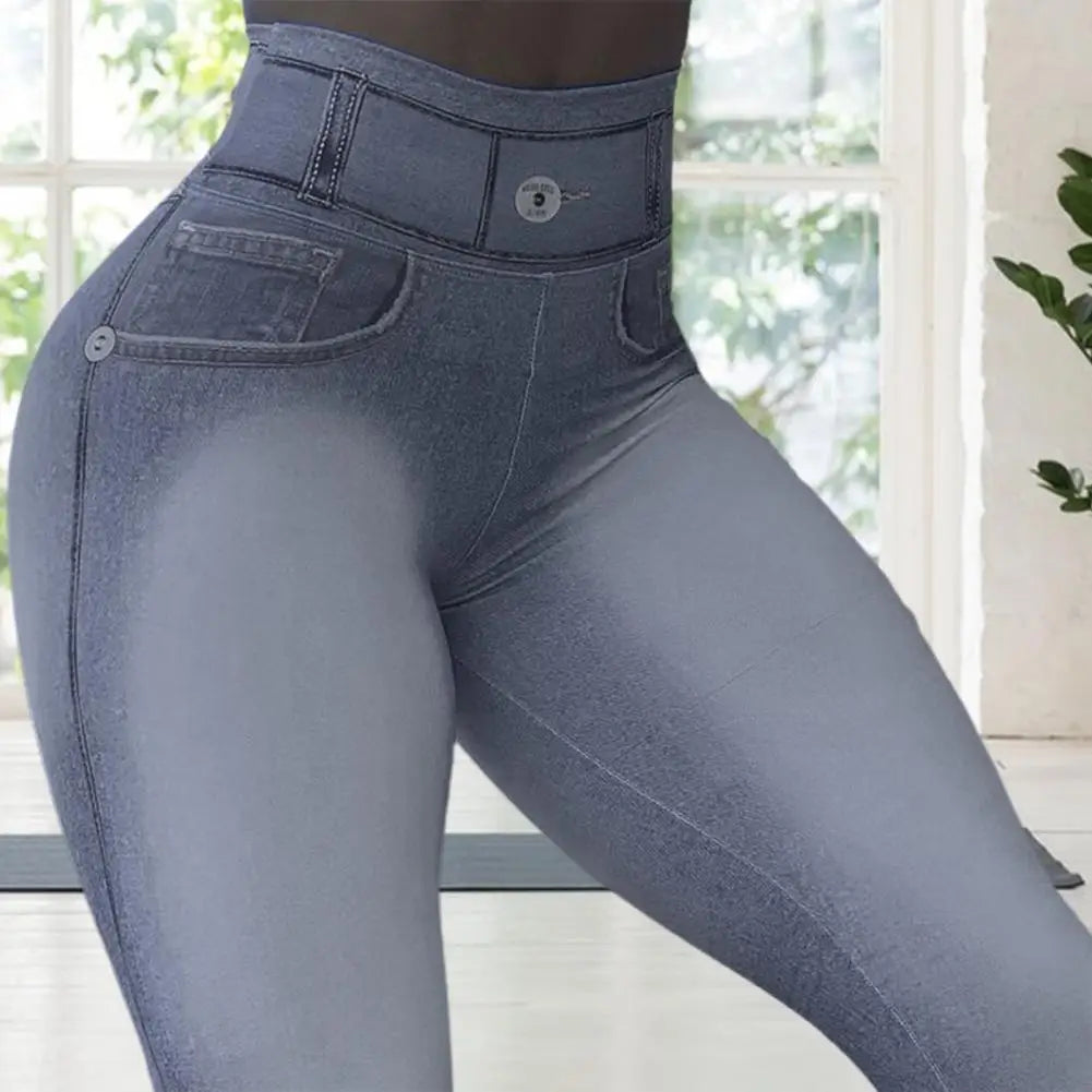 Leggings fitness per sollevamento pesi a vita alta con controllo della pancia Colore sfumato Push Up Imitazione Jeans Pantaloni skinny da yoga per donna Abbigliamento sportivo 