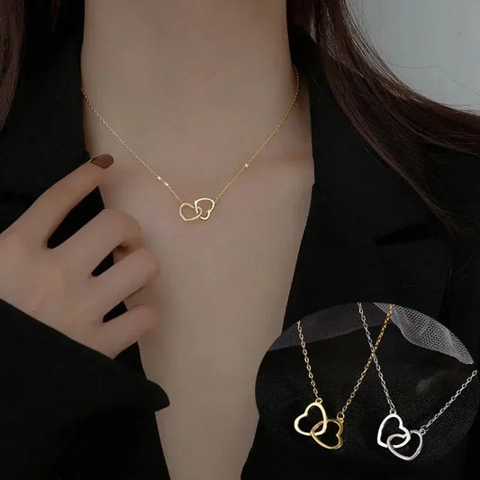 2024 Double Heart Pendant Necklace for Women Couple Choker Gold Silver Color Chain Wedding Party Friends Jewelry Gift