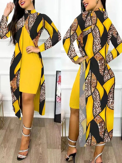 Women's Printed Slit Dress High Neck High Waist Hollow Long Sleeve Fashion Loose Casual Sexy Slit Asymmetrical Office Clothing