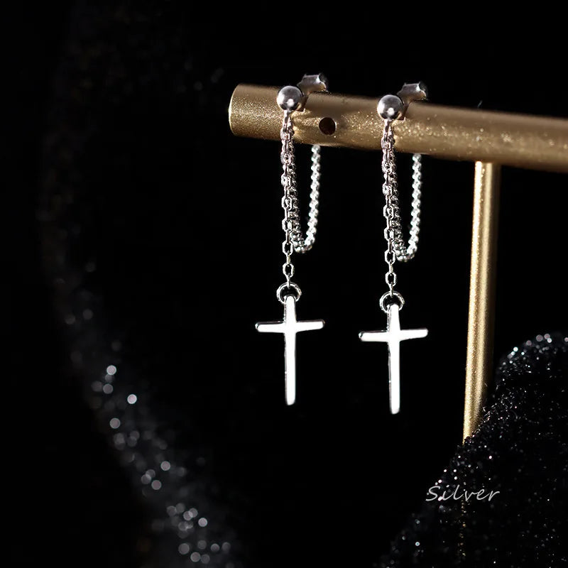 Punk Silver Color Cross Drop Earrings for Women Men Gothic Hip Hop Long Tassel Hanging Earring Jewelry Gift Bijoux