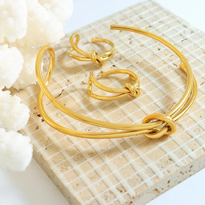 Double Layer Twisted Wire Knotted Opening Bracelet Ring for Women Jewelry Set Ladies Gift Jewelry Wholesale