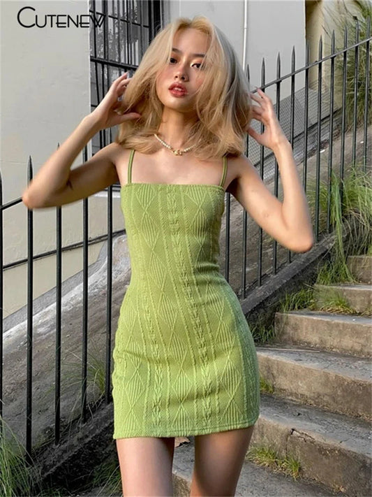 Cutenew Summer Fashion Elegant Strap Mini Dress Women 2021 Solid Green Knit Casual Streetwear Stretch Slim Office Female Dresses