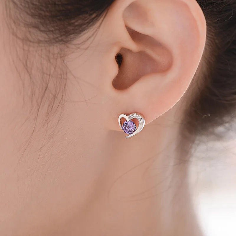 Real 925 Sterling Silver Crystal Jewelry New Heart Stud Earrings For Woman XY0201