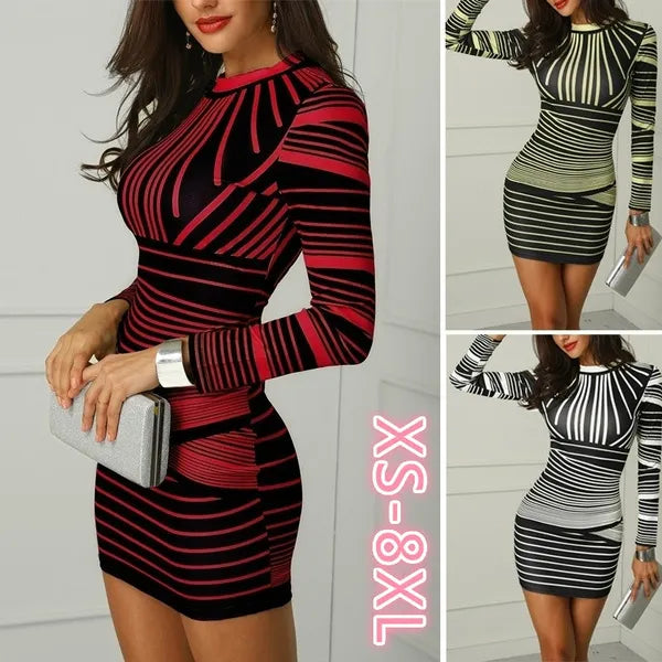 Nes 2022 Women New Stripe Digital Printing Slim Long Sleeve Dress Female Casual Bodycon Dress Large Size Dresses XS-8XL