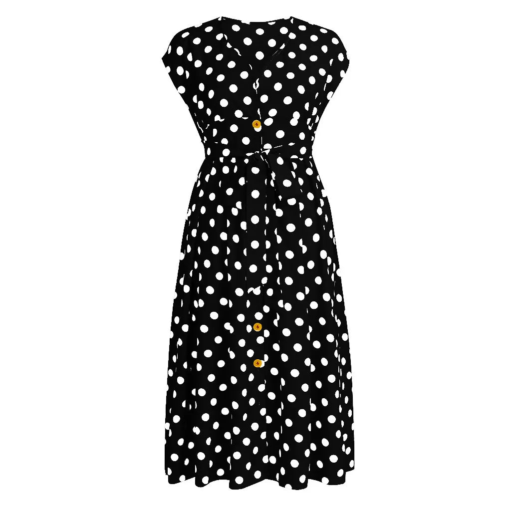 Plus Size Dresses Women Elegant Dot Print Casual Black Midi Dress Woman V-Neck Button Summer Vestidos Outfits 4XL 5XL