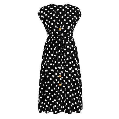 Plus Size Dresses Women Elegant Dot Print Casual Black Midi Dress Woman V-Neck Button Summer Vestidos Outfits 4XL 5XL