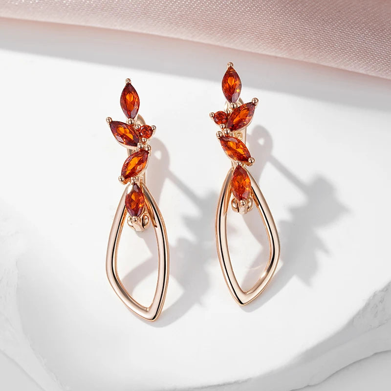 SYOUJYO Orange Red Natural Zircon Long Earrings For Women Fine Jewerly 585 Rose Gold Color Dangle Earrings