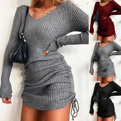 Spring And Winter Women'S V Neck Long Sleeves Slim Thin Hip Dress Warm Sweater Sexy Hip Package Club Street Lady Robe Vestido