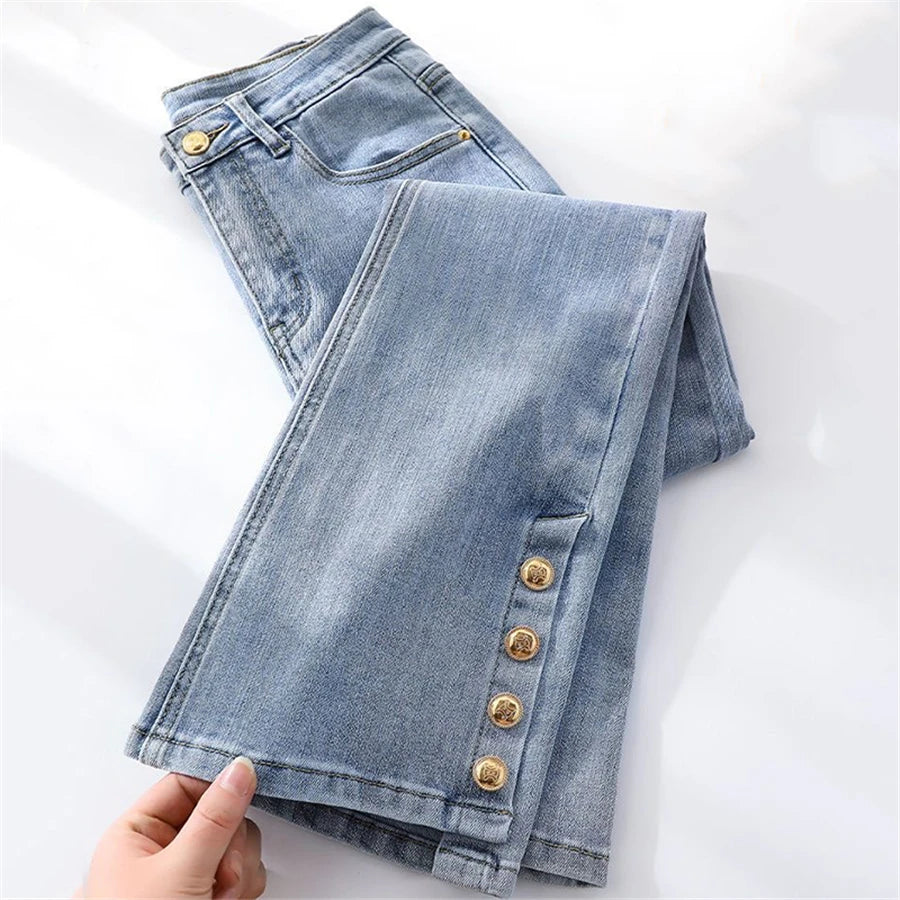 Oversize 5xl Chic Split Bell Bottom Jeans  Classic High Waist Slim Stretch Denim Trousers Spring Autumn Streetwear Women Pants