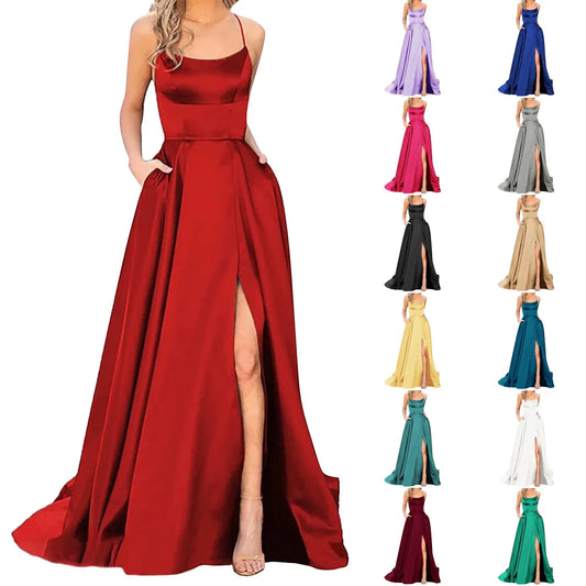 Sexy Nipped Waist Split Prom Dress Elegant Women Party Night Formal Long Evening Spaghetti Straps Dress Elegant Wedding Vestidos