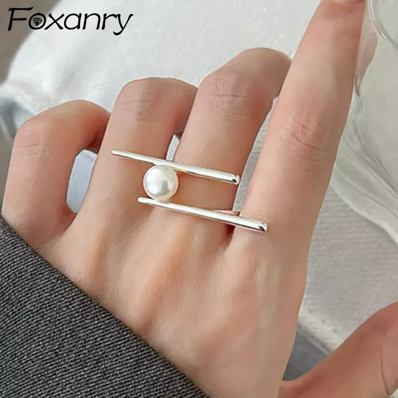 Foxanry Anelli di perle color argento di nuova moda per donne Coppie Regali creativi semplici geometrici fatti a mano per gioielli per feste di compleanno