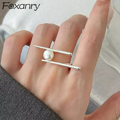 Foxanry New Fashion Silver Color Pearl Rings for Women Couples Creative Simple Geometric Handmade Birthday Party Jewelry Gifts