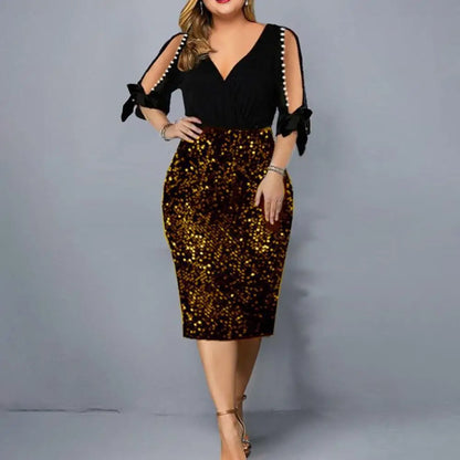 Plus Size Women Dress Sequins V-Neck Elegant Dress Sexy Cold Shoulder Hip Wrap Bodycon Dress