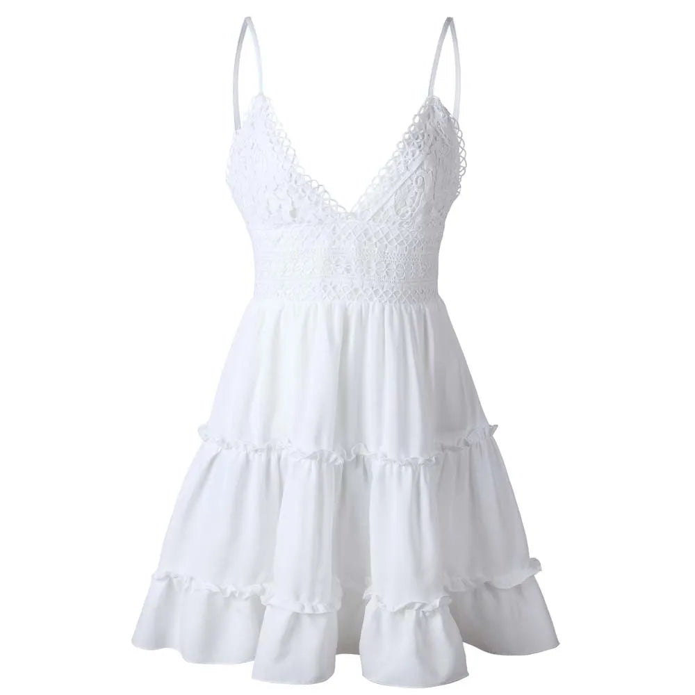 Sexy Spaghetti Strap Summer Mini Dress For Women Solid V-Neck Backless Bow-knot Lace Stitching White Beach Dress Party Vestidos