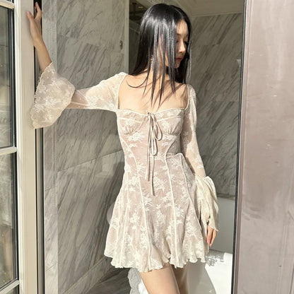 Vintage Lace Mini Dress Long Sleeve Fit And Flare Birthday Party Dress Women Elegant Backless A-Line Short Prom Dresses