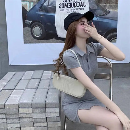 Short Sleeve Dresses Women Side-slit Mini Sweet Sexy Cool Streetwear Slim Fashion Casual Vestidos Korean Style Simple Club Mujer