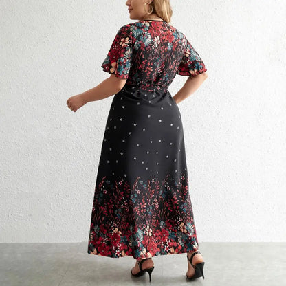 Plus Size Floral Print Dress Floral Print A-line Maxi Dress with Lace-up Belt V Neck for Women Plus Size Ankle Length Party Prom