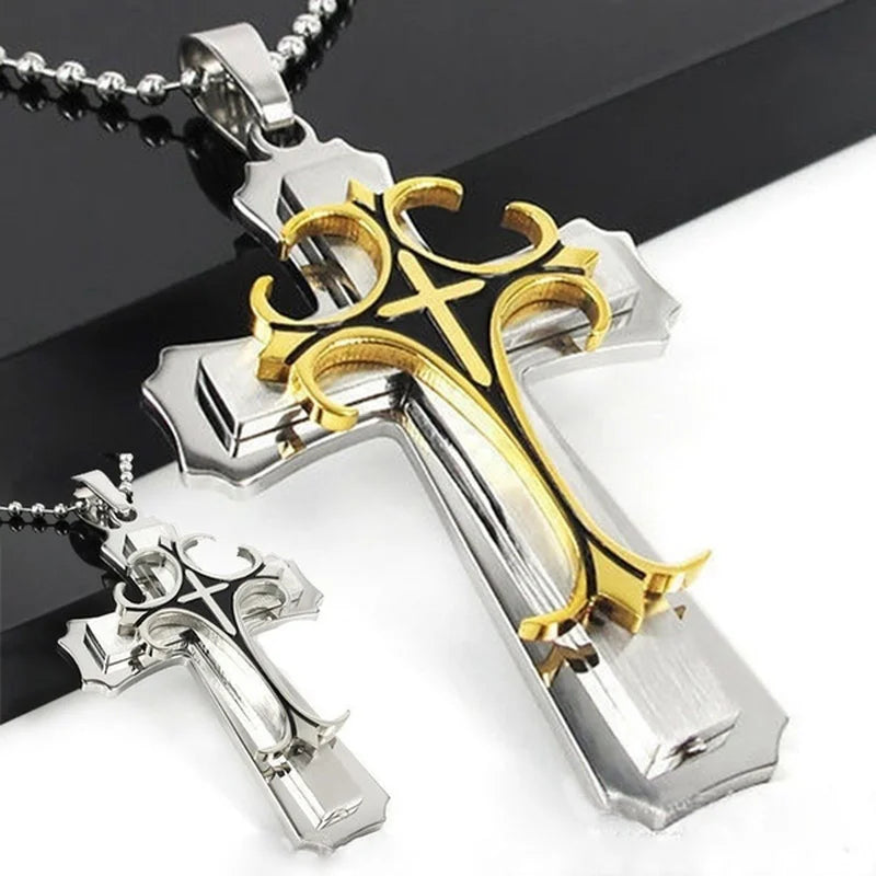 Vintage Mens Jewellery Cross Necklace for Men Christian Totem Relief Amulet Pendant Handsome Stainless Steel Necklace Punk Party