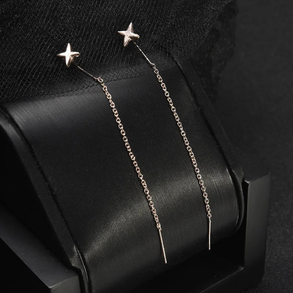 Trend Stainless Steel Long Wire Tassel Thread Chain Star Pendants Drop Earring Women's Ear Line Straight Hanging Earings Jewelry