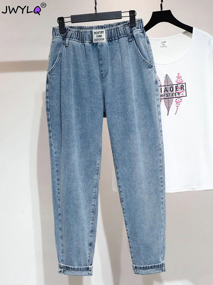 High Waist Baggy Ankle-length Straight Jeans Womens Oversize 5xl Harem Denim Pants Elastic Pantalones Casual Loose Vaqueros 2023