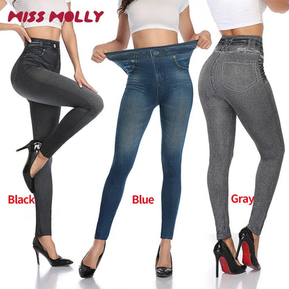 High Waist Faux Denim Print Leggings Women Sexy Skinny Pencil Pants Tummy Control Seamless Shapewear Trousers No Pocket