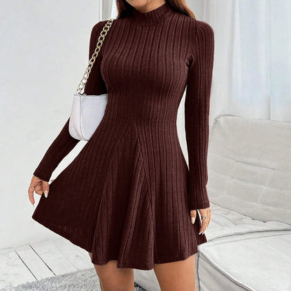 Mia Muse Women's Dresses Autumn Winter Korean Simple Solid Color Long Sleeve High-Neck Mini Wrap Casual Dresses