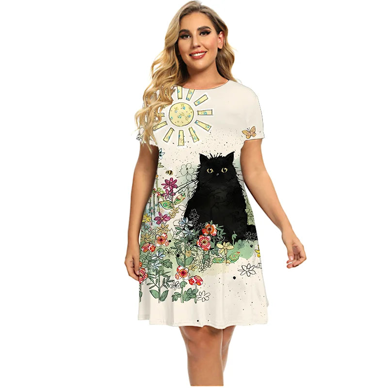 6XL Women Funny Cats Dress Fashion Short Sleeve Kawaii Dresses Lady 2022 Summer Clothing Casual O-Neck Loose Dress Plus Size 5XL