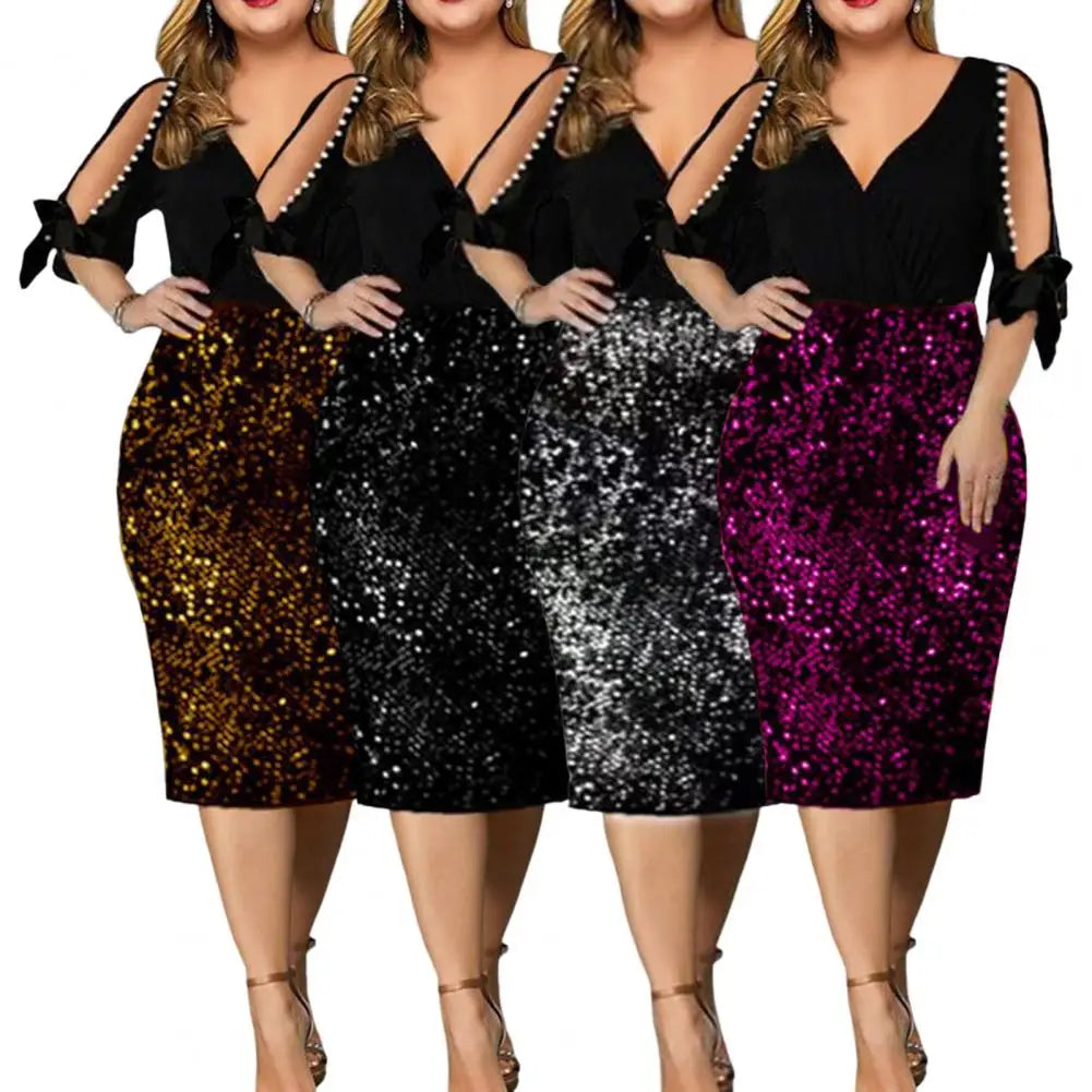 Plus Size Women Dress Sequins V-Neck Elegant Dress Sexy Cold Shoulder Hip Wrap Bodycon Dress