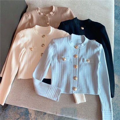 Woman Cropped Cardigan Fashion Women Sweaters Elegant Button Long-Sleeved Knitted Cardigans Sweater Female Jacket Coat 2021