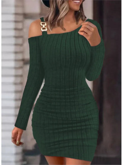 Autumn Winter New Solid Metal Button Oblique Shoulder Neck Tight Wrap Hip Slim Fit Sexy Long Sleeve Dress For Women