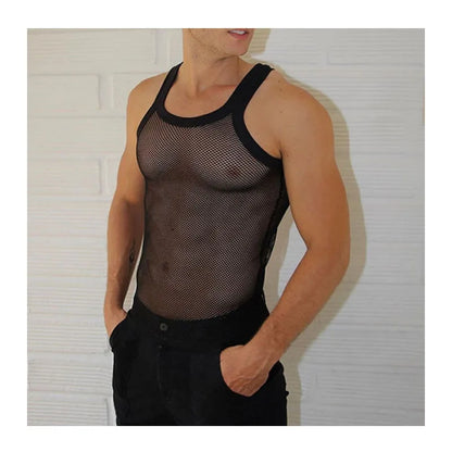 Men's Sexy Mesh Casual Vest Summer Beach Cutout Mesh T-shirt Comfortable Breathable Cool Men's Vest Muscular Men Tight Vest