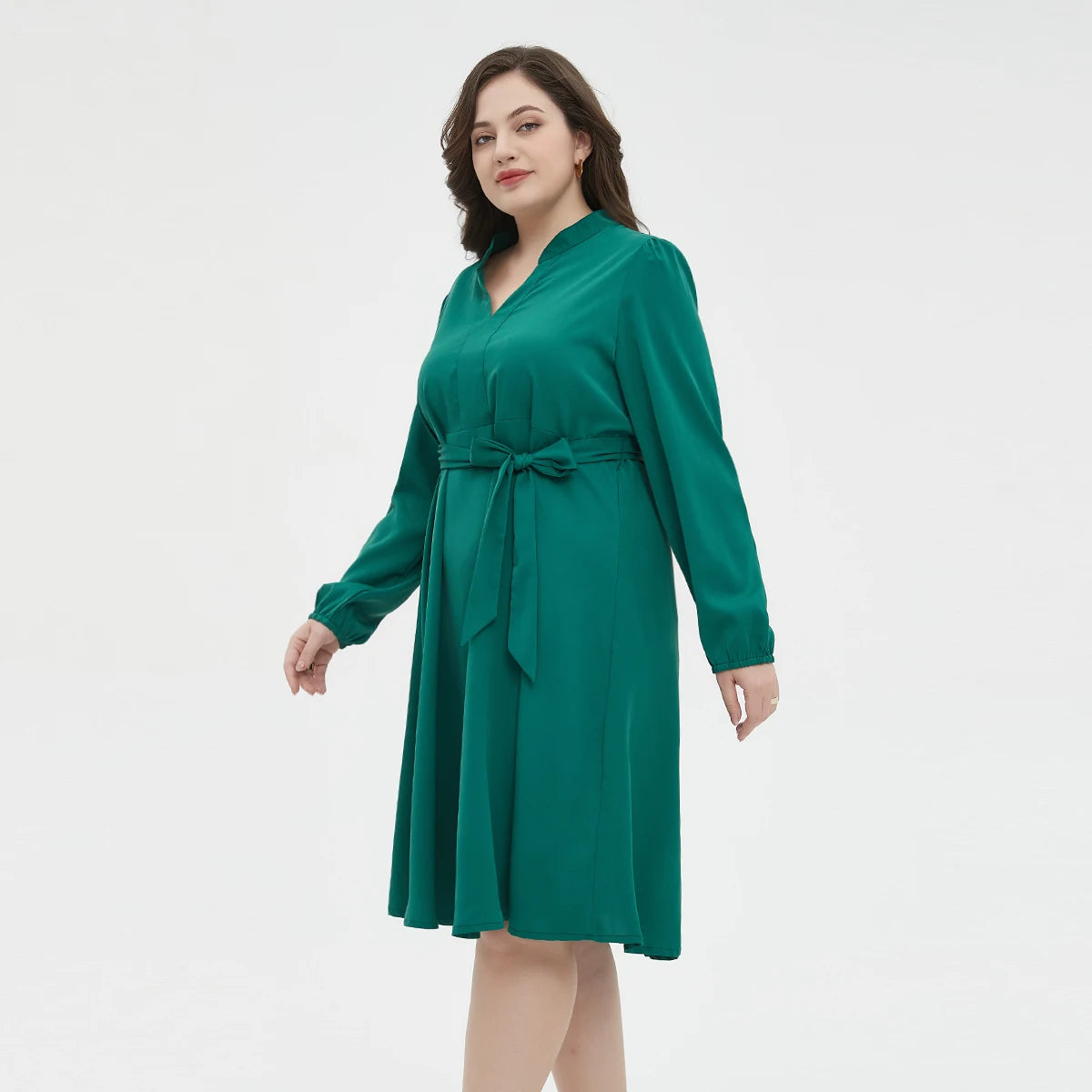 Plus Size 2024 New Solid Color Tie Waist Dress Casual Fashion V Neck Long Sleeve Dress Women's Plus Size Clothing L033