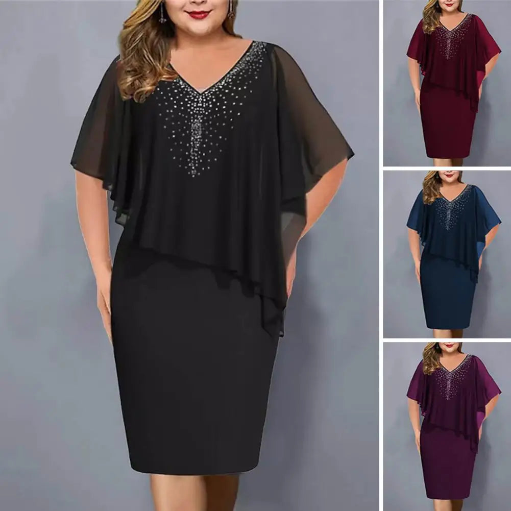 Elegant Summer Party Dress Rhinestone Decor Daily Wear Bodycon Plus Size Chiffon Lady Banquet Dress