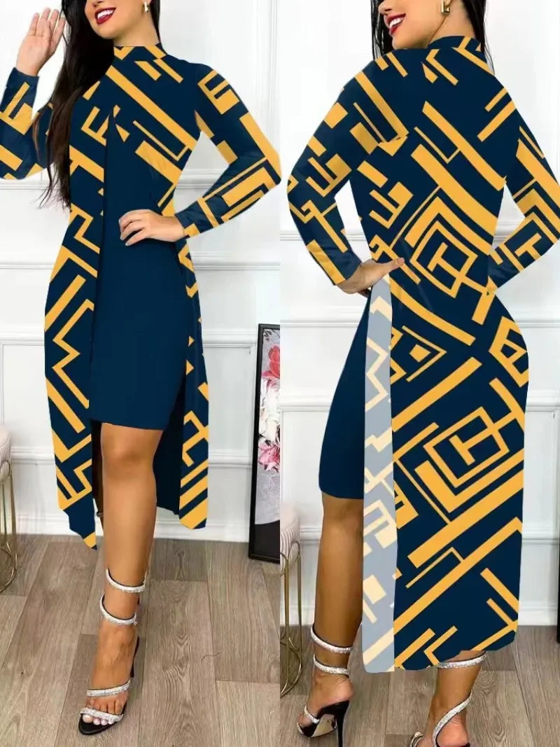 Women's Printed Slit Dress High Neck High Waist Hollow Long Sleeve Fashion Loose Casual Sexy Slit Asymmetrical Office Clothing